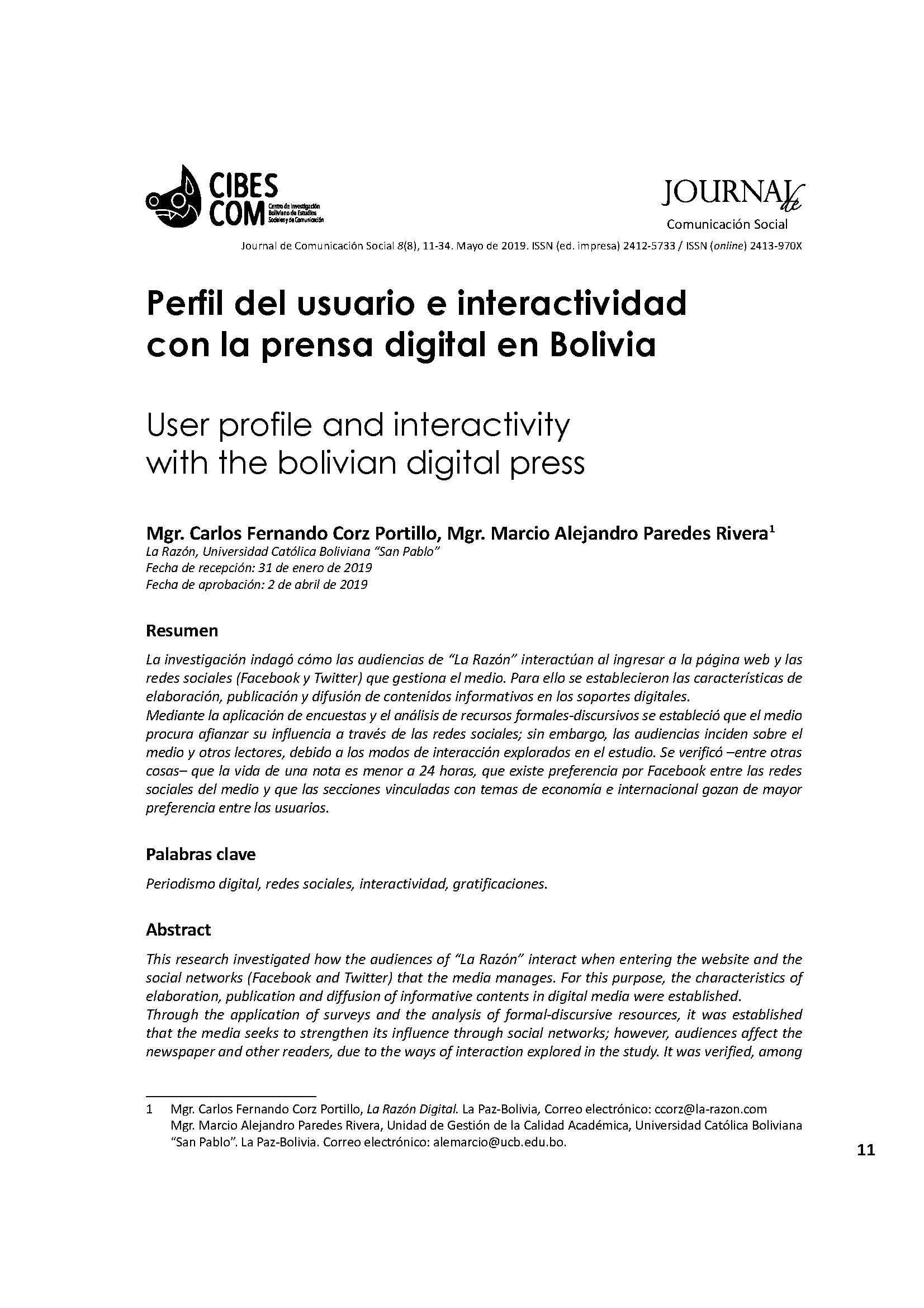 Perfil del usuario e interactividad con la prensa digital en Bolivia