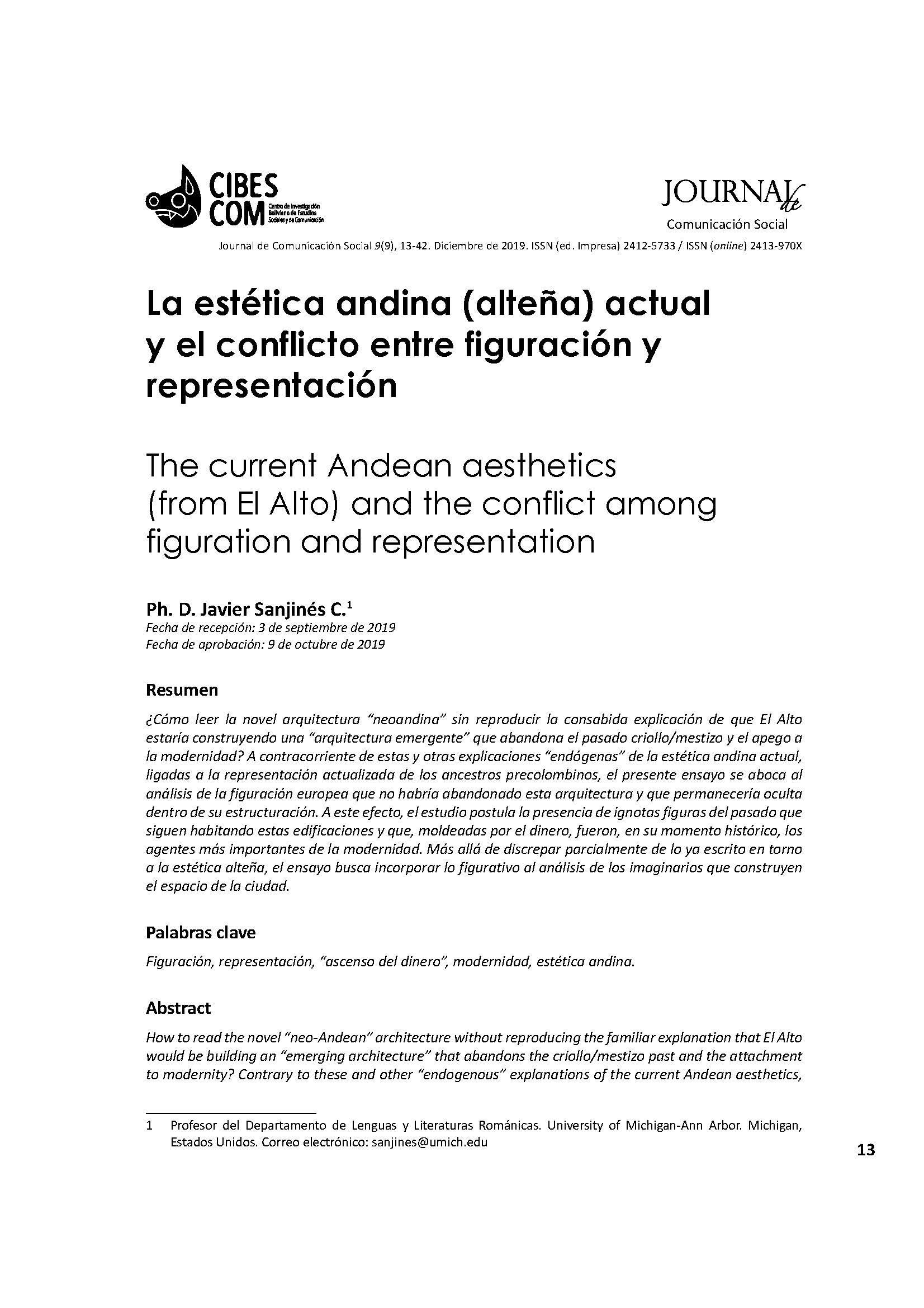 La estética andina (alteña) actual y el conflicto entre figuración y representación