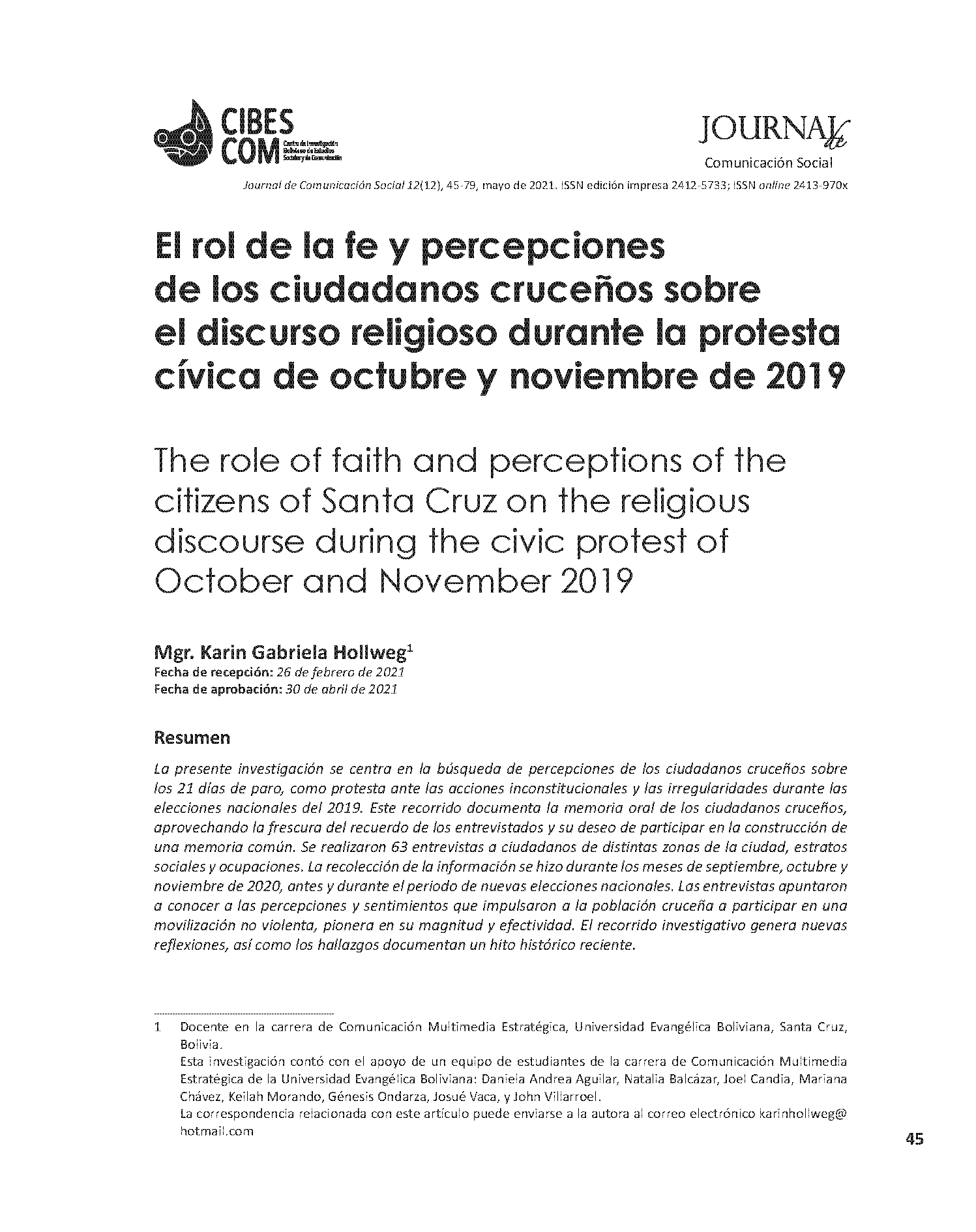 El rol de la fe y percepciones de los ciudadanos cruceños sobre el discurso religioso durante la protesta cívica de octubre y noviembre de 2019