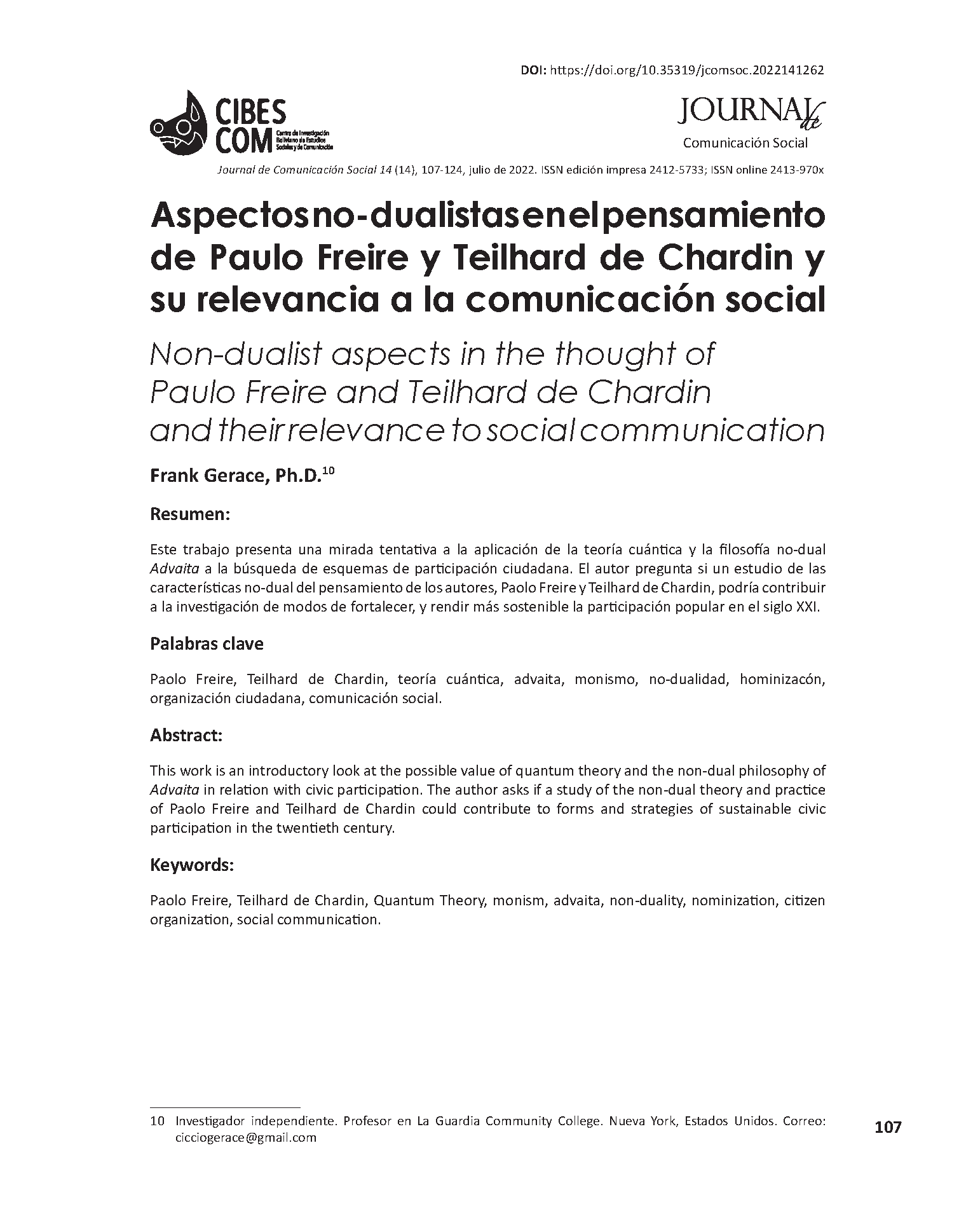 Aspectos no-dualistas en el pensamiento de Paulo Freire y Teilhard de Chardin y su relevancia a la comunicación social 