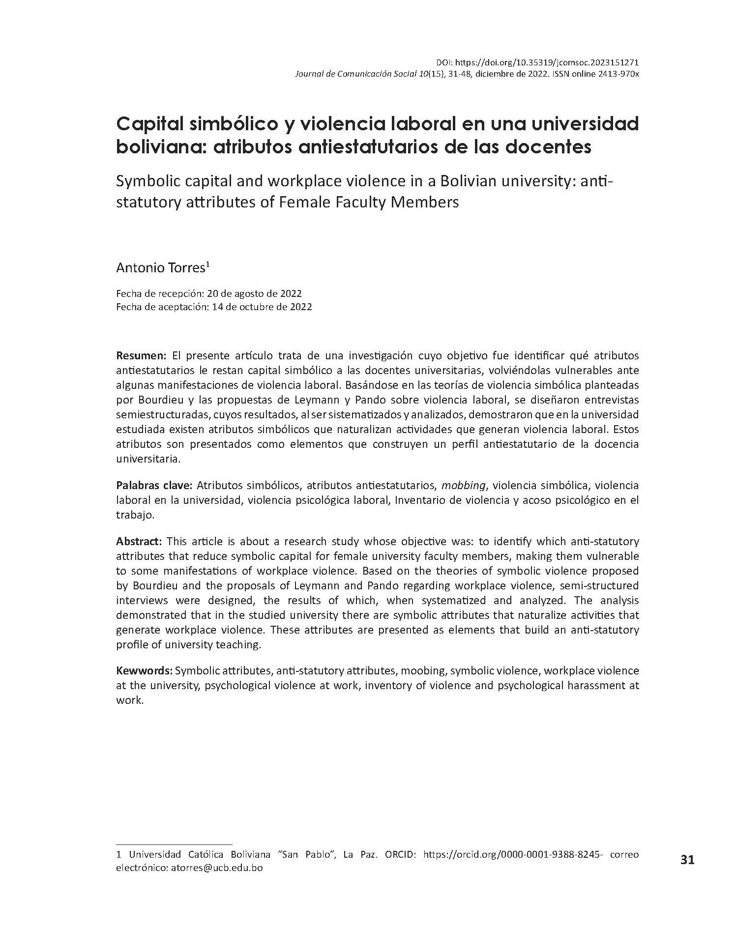Symbolic capital and workplace violence in a Bolivian university: antistatutory attributes of Female Faculty Members