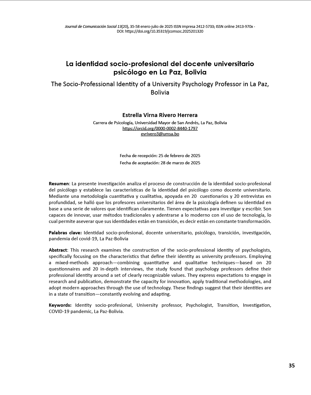 La identidad socio-profesional del docente universitario psicólogo en La Paz, Bolivia