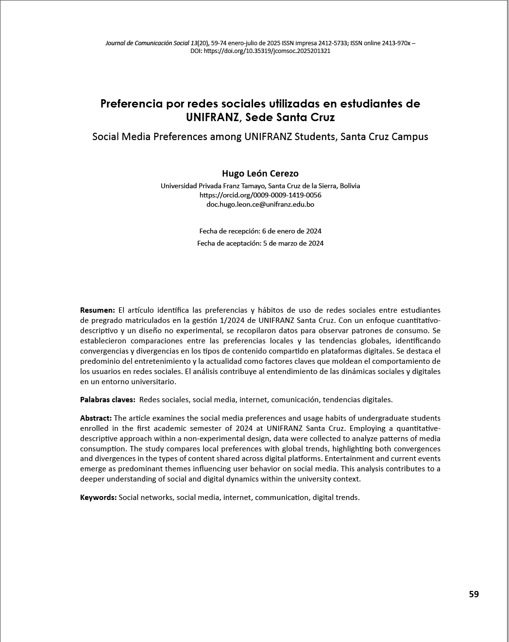 Preferencia por redes sociales utilizadas en estudiantes de UNIFRANZ, Sede Santa Cruz