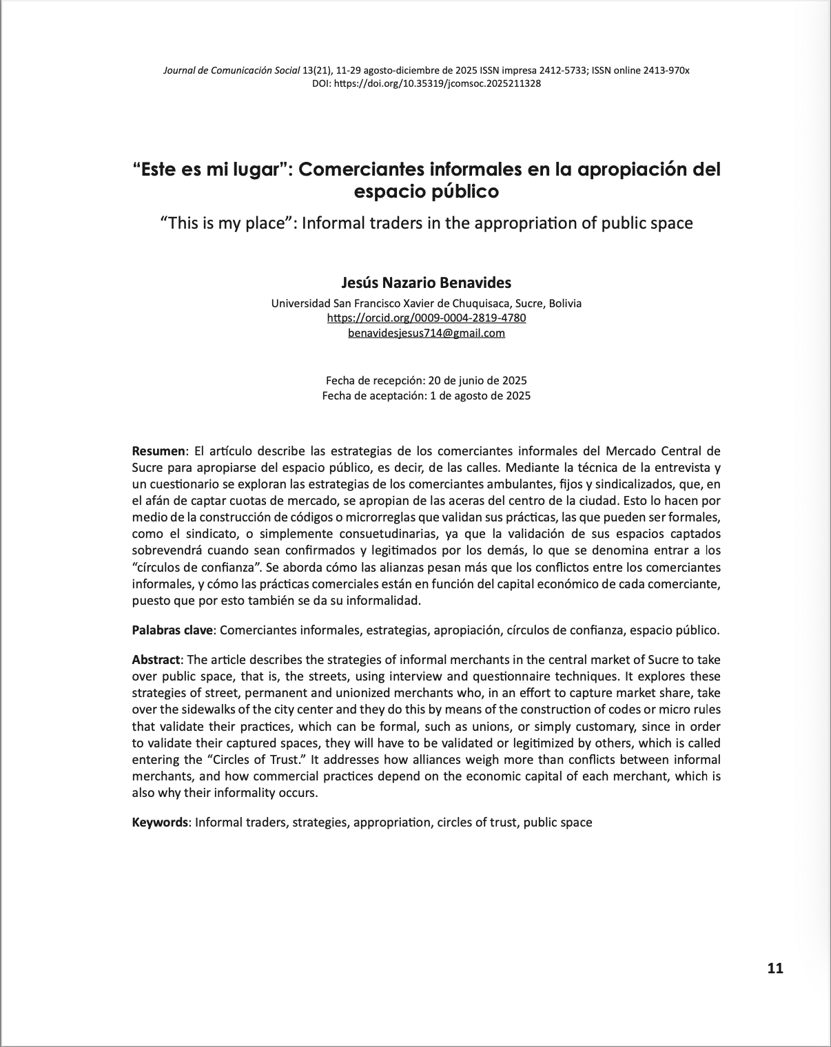 “Este es mi lugar”: Comerciantes informales en la apropiación del espacio público