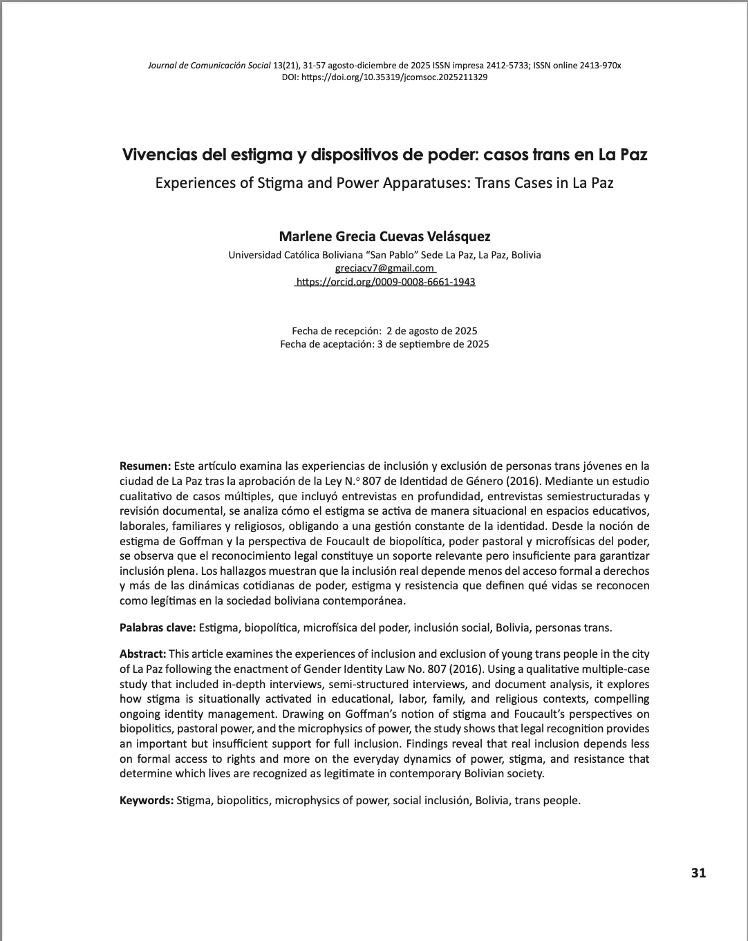 Vivencias del estigma y dispositivos de poder: casos trans en La Paz