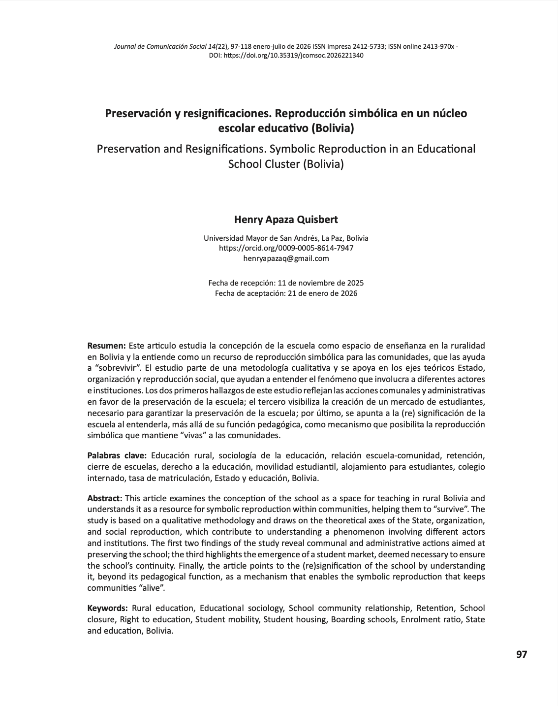 Preservación y resignificaciones. Reproducción simbólica en un núcleo escolar educativo (Bolivia)